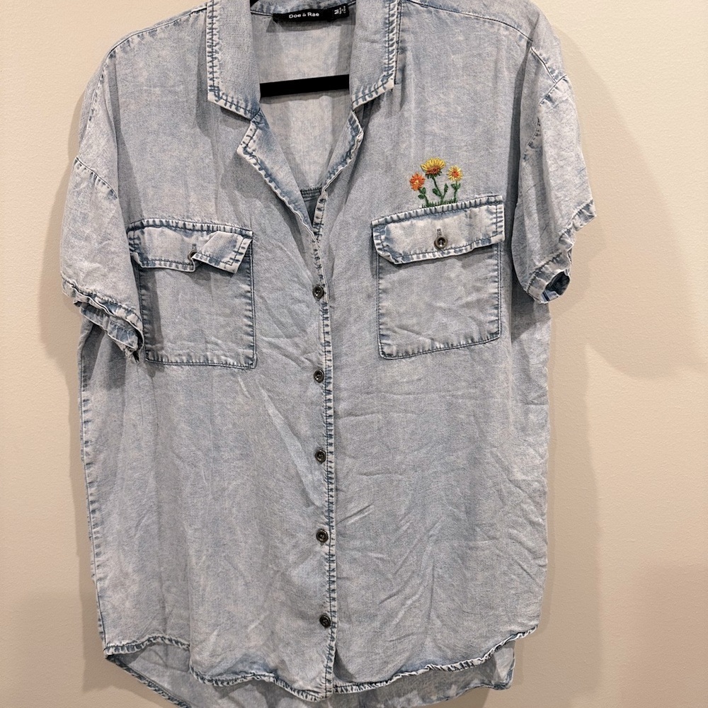 Denim Blue Short Sleeve Shirt with Floral Embroidery